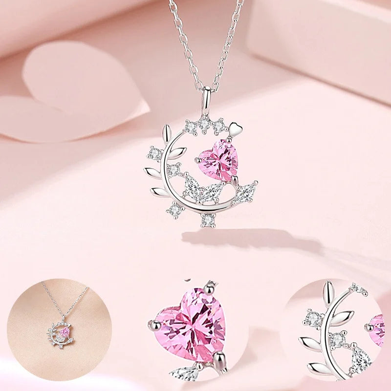 925 Silver Heart-Shaped Pink Zircon Necklace