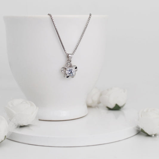 Silver Zircon Flower Pendant with Link Chain