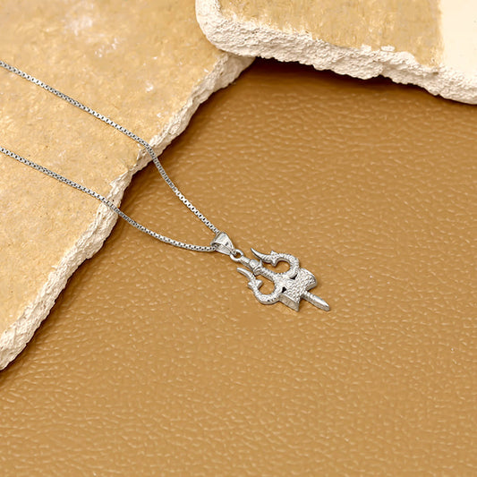 Silver Trishul Pendant with Box Chain For Him